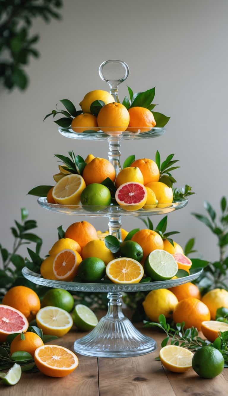 Tiered glass cake stand displaying a variety of fresh citrus fruits on a wooden table.
