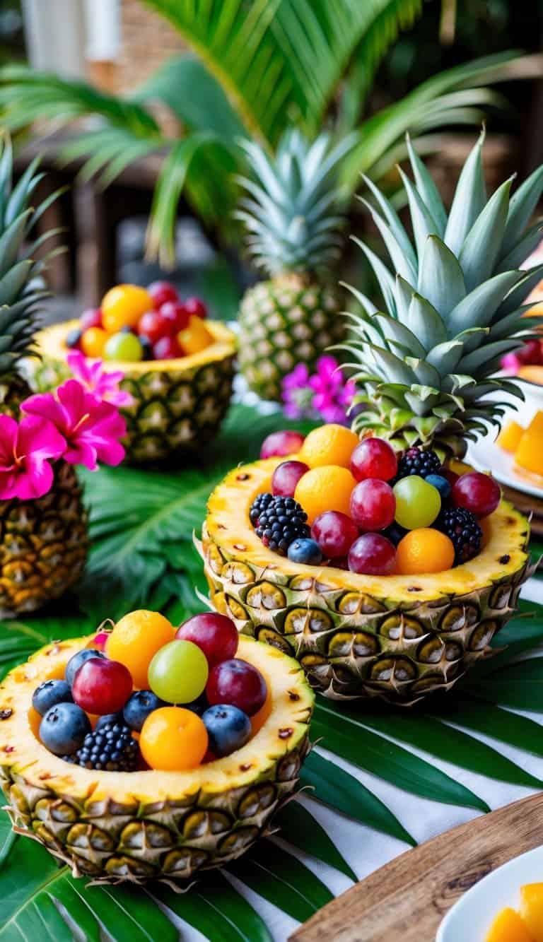 A table set outdoors with hollowed-out pineapples filled with fresh fruit, surrounded by tropical leaves and flowers.