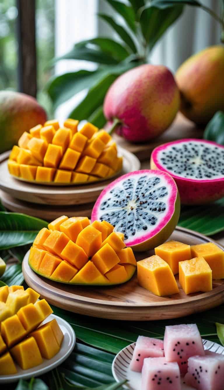 A table arranged with sliced mango, papaya, and dragon fruit displayed on platters surrounded by tropical leaves.