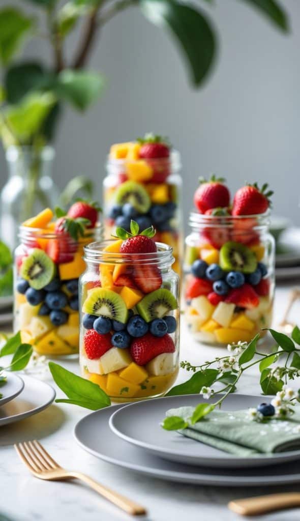 Four glass jars filled with layered fresh fruit including strawberries, kiwi, blueberries, and mango are arranged on a set dining table with plates, cutlery, and greenery.