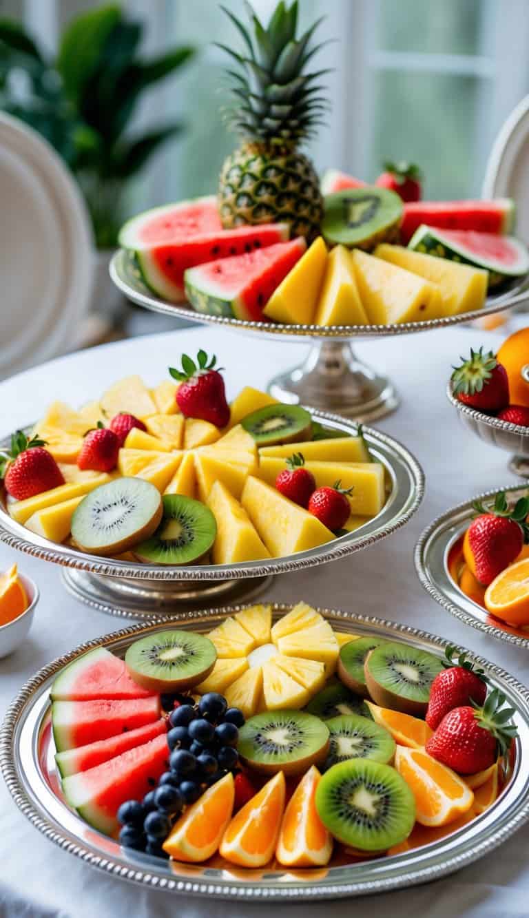 Vintage silver trays filled with neatly arranged mixed fruit slices on a table.