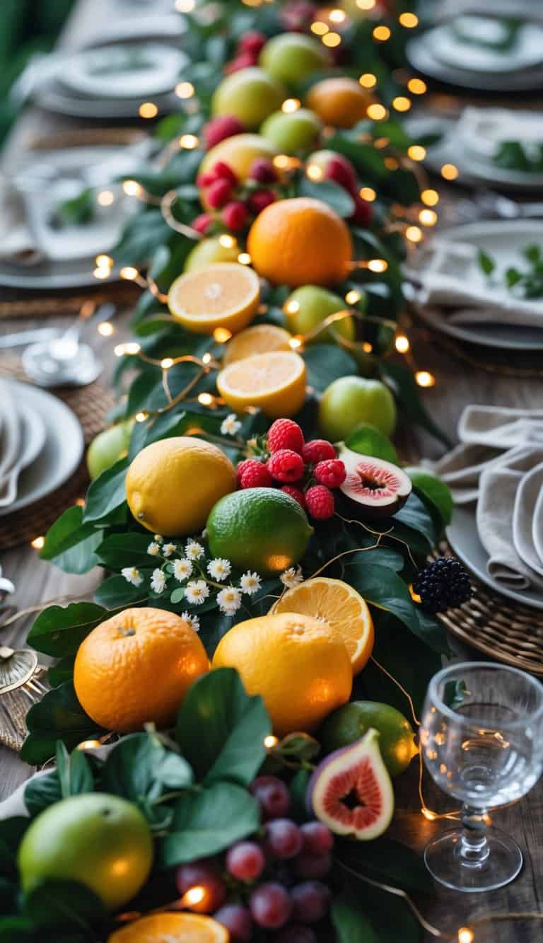 A colorful fruit garland intertwined with fairy lights draped across a decorated table with fruits and greenery.