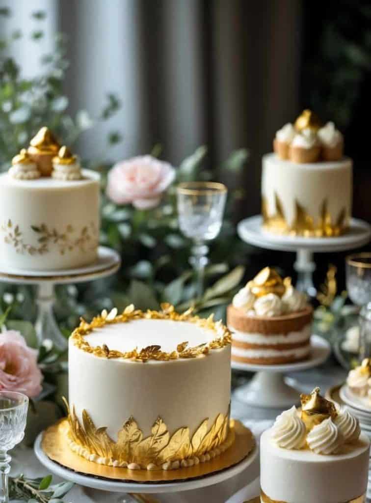 A table set with elegant white and gold cakes and cupcakes, surrounded by greenery, flowers, glassware, and plates on a white tablecloth.