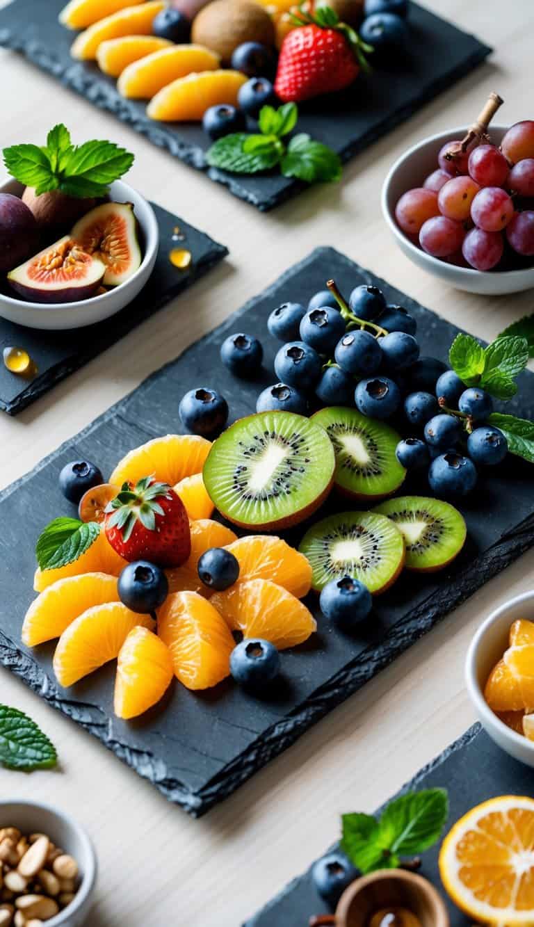 A variety of fresh fruits arranged on dark slate boards placed on a wooden table.
