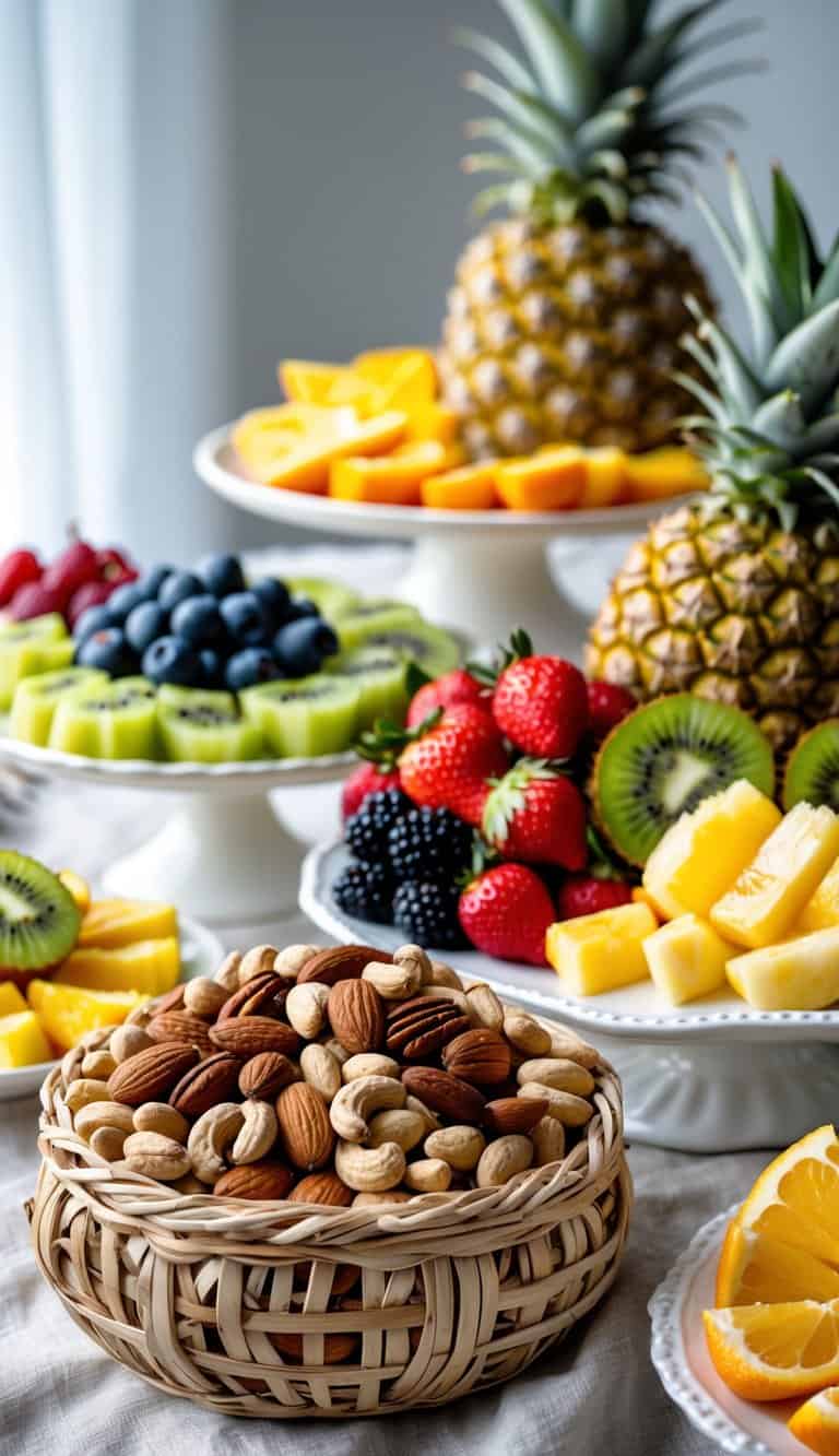 A basket of mixed nuts next to several platters of fresh assorted fruits arranged on a table.