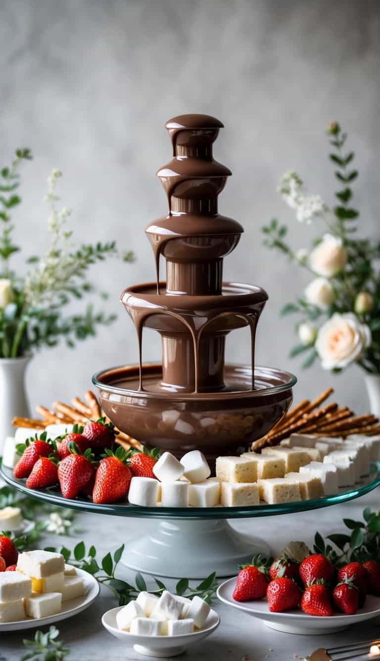 Chocolate fountain with various dippers like strawberries, marshmallows, pretzels, bananas, and cake arranged on a dessert table.