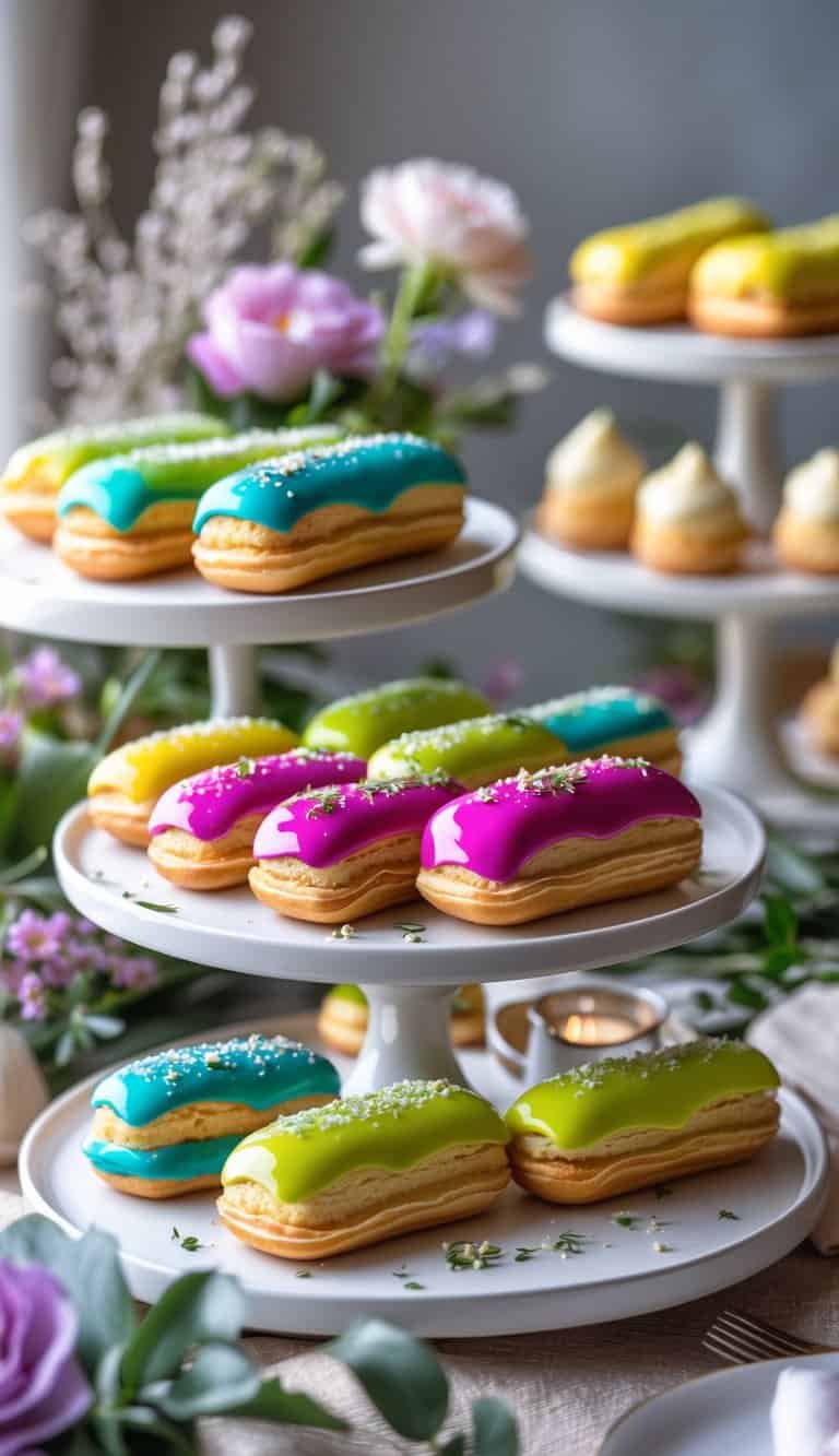 A dessert table with mini eclairs topped with colorful glazes arranged on white platters and tiered stands, surrounded by flowers and greenery.
