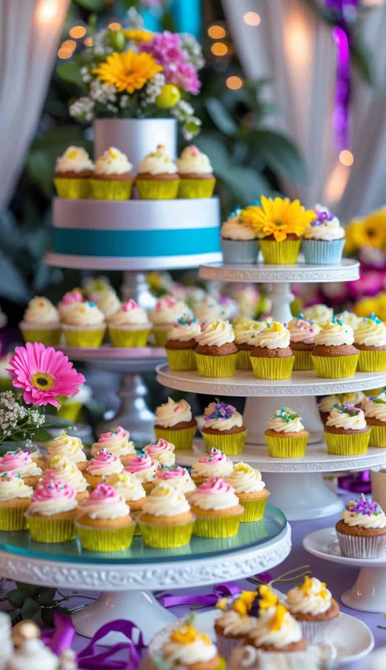 A dessert table with 50 cupcakes in colorful matching wrappers arranged on tiered stands and platters, decorated with flowers and ribbons.