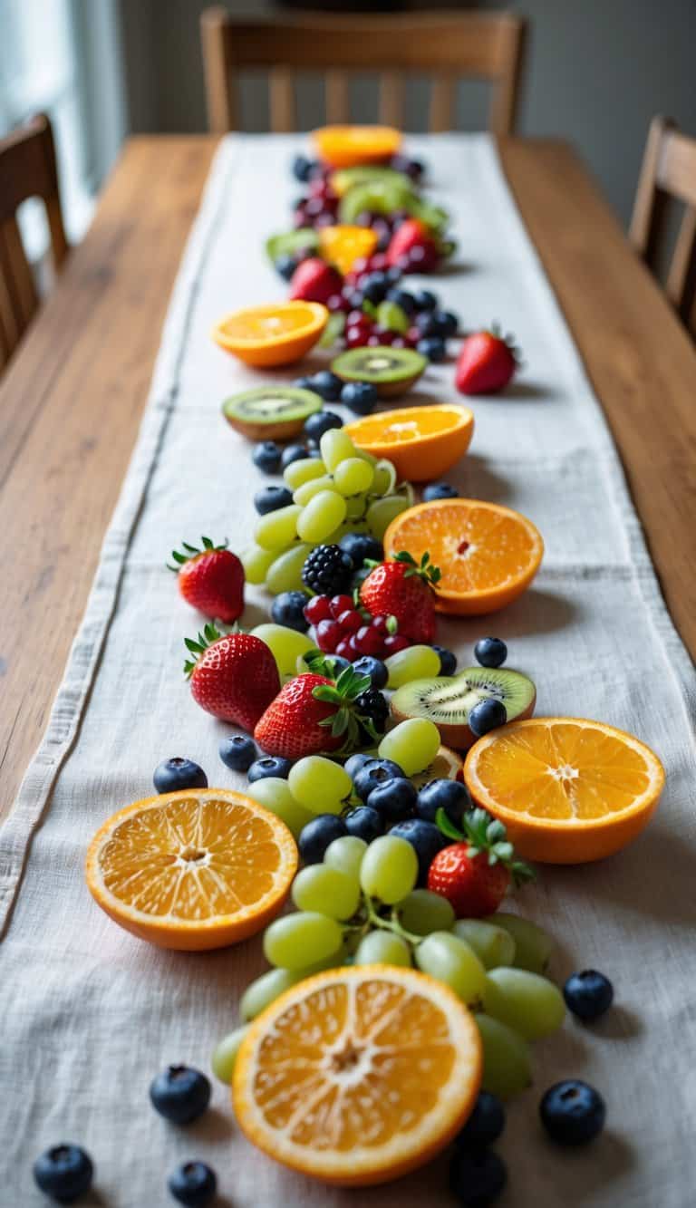 A linen table runner on a wooden table with scattered fresh fruit pieces including oranges, strawberries, blueberries, grapes, kiwi, and pomegranate seeds.