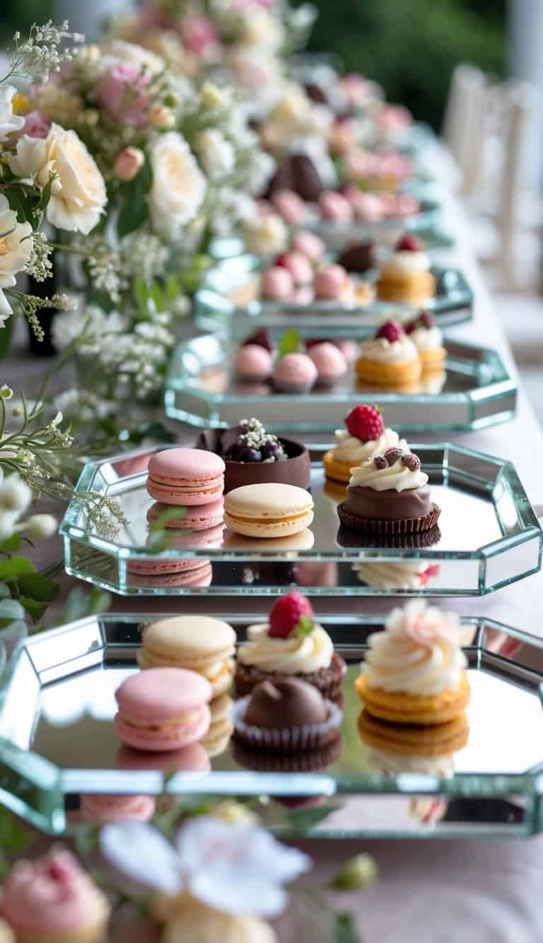 A dessert table with mirrored trays displaying an assortment of colorful desserts and floral decorations.