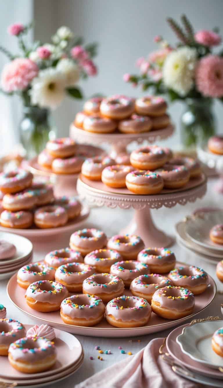 A table set with mini glazed donuts topped with colorful sprinkles arranged on serving trays and cake stands.