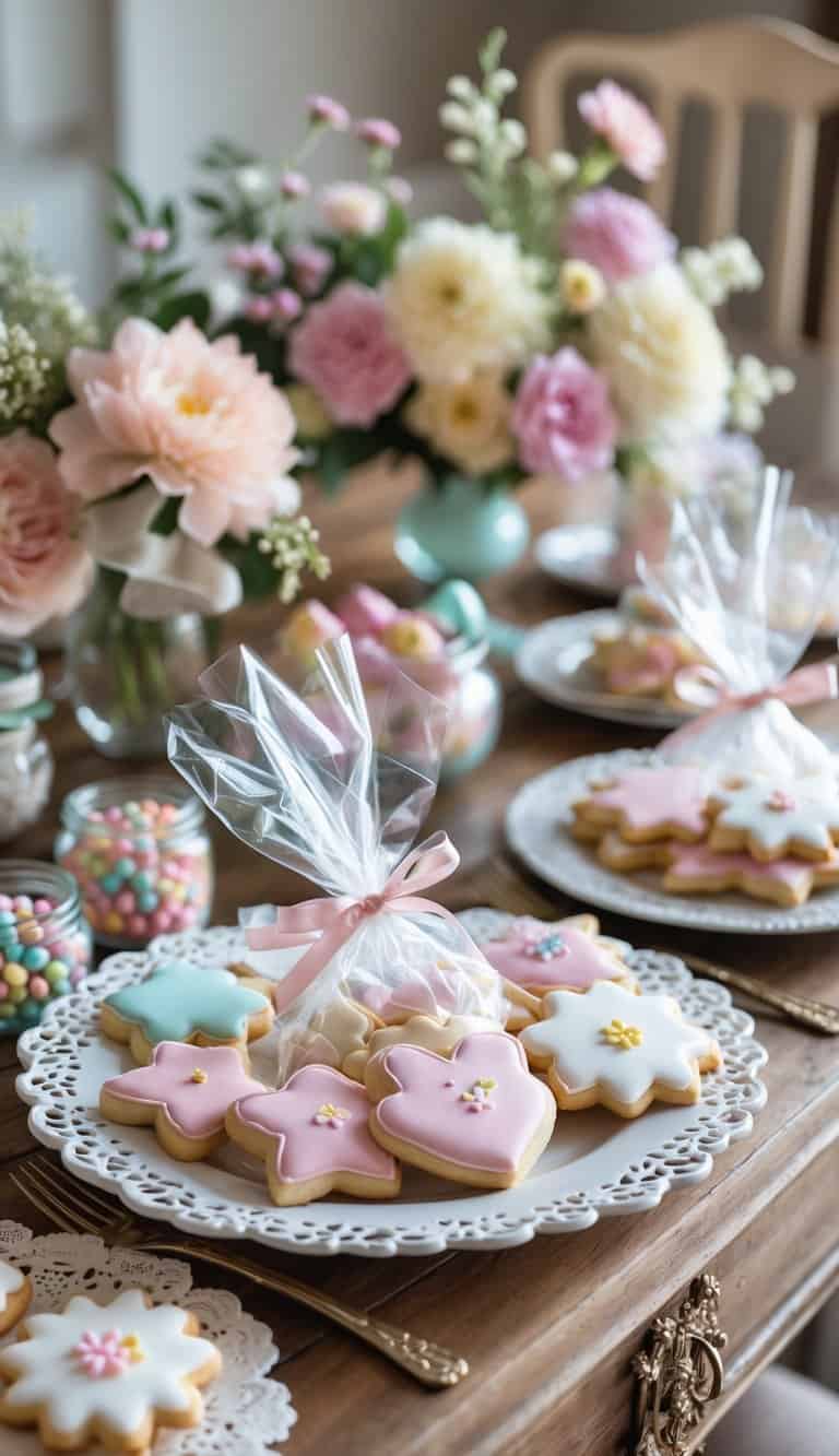 A dessert table displaying handmade sugar cookies wrapped in clear bags with ribbons, surrounded by flowers and candy jars.