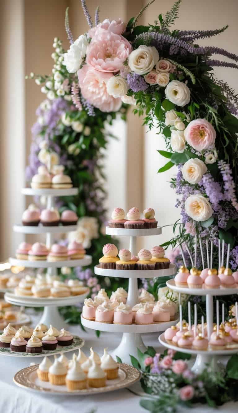 A dessert table with a floral wreath centerpiece surrounded by assorted desserts like cupcakes and macarons.