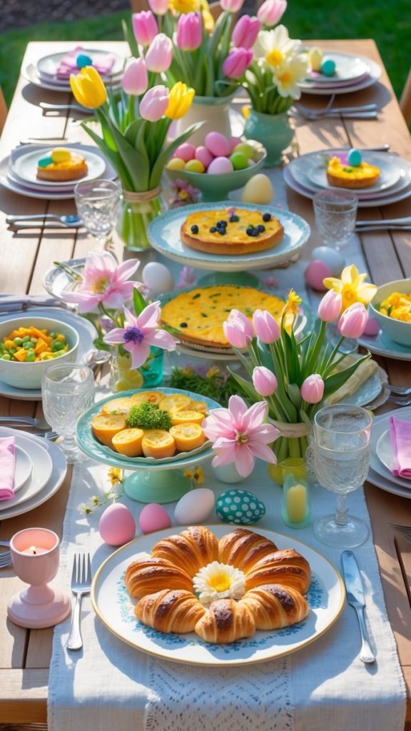 A wooden table set for a spring meal features tulip bouquets, decorated eggs, pastries, quiche, side dishes, plates, glasses, and napkins, arranged outdoors in sunlight.