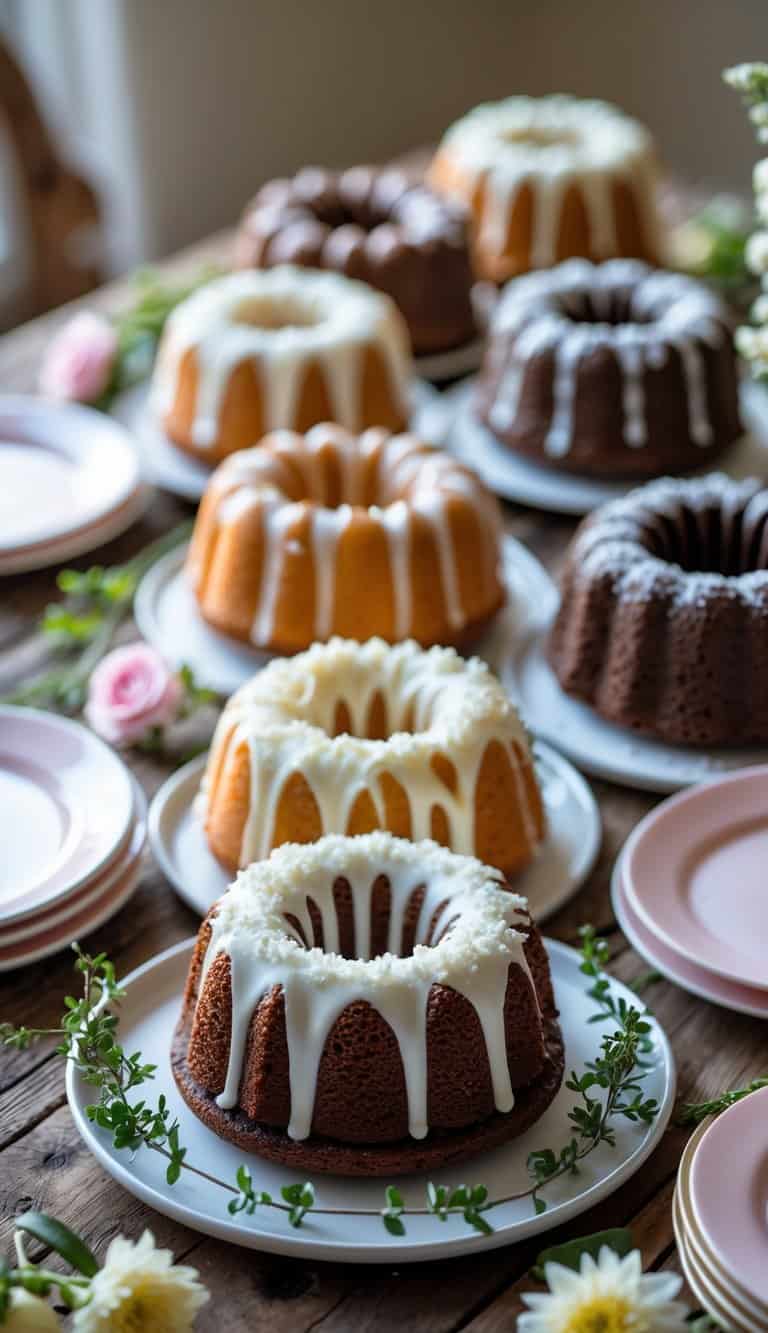 A table with several mini bundt cakes drizzled with icing, arranged with flowers and greenery.