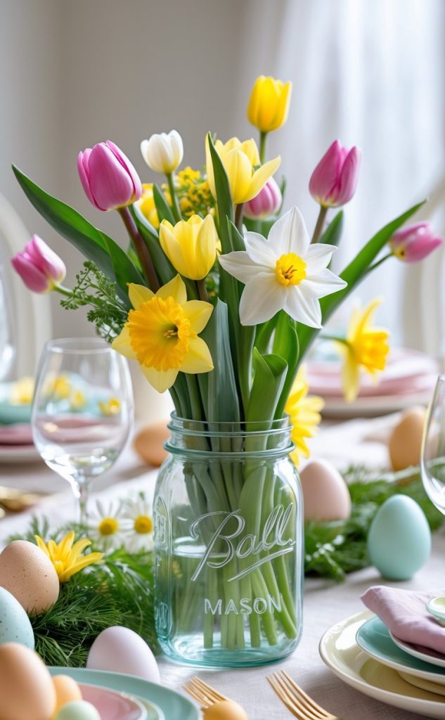 A bouquet of pink tulips, yellow daffodils, and a white daffodil displayed in a mason jar on a table set with pastel plates, eggs, and glassware.
