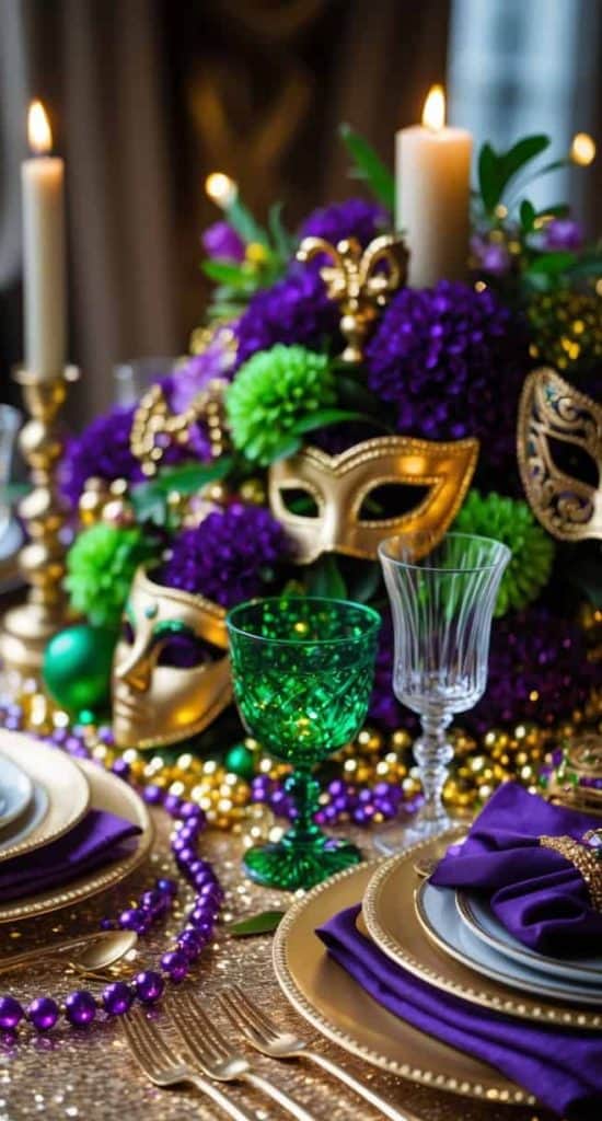 Elegant table set for Mardi Gras with gold, green, and purple decorations, masquerade masks, candles, beaded necklaces, and formal dinnerware.