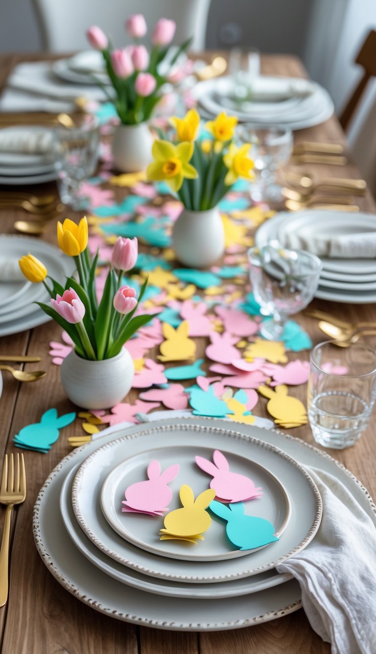 A wooden table set for Easter brunch with colorful paper bunny confetti scattered around plates, flowers, and tableware.