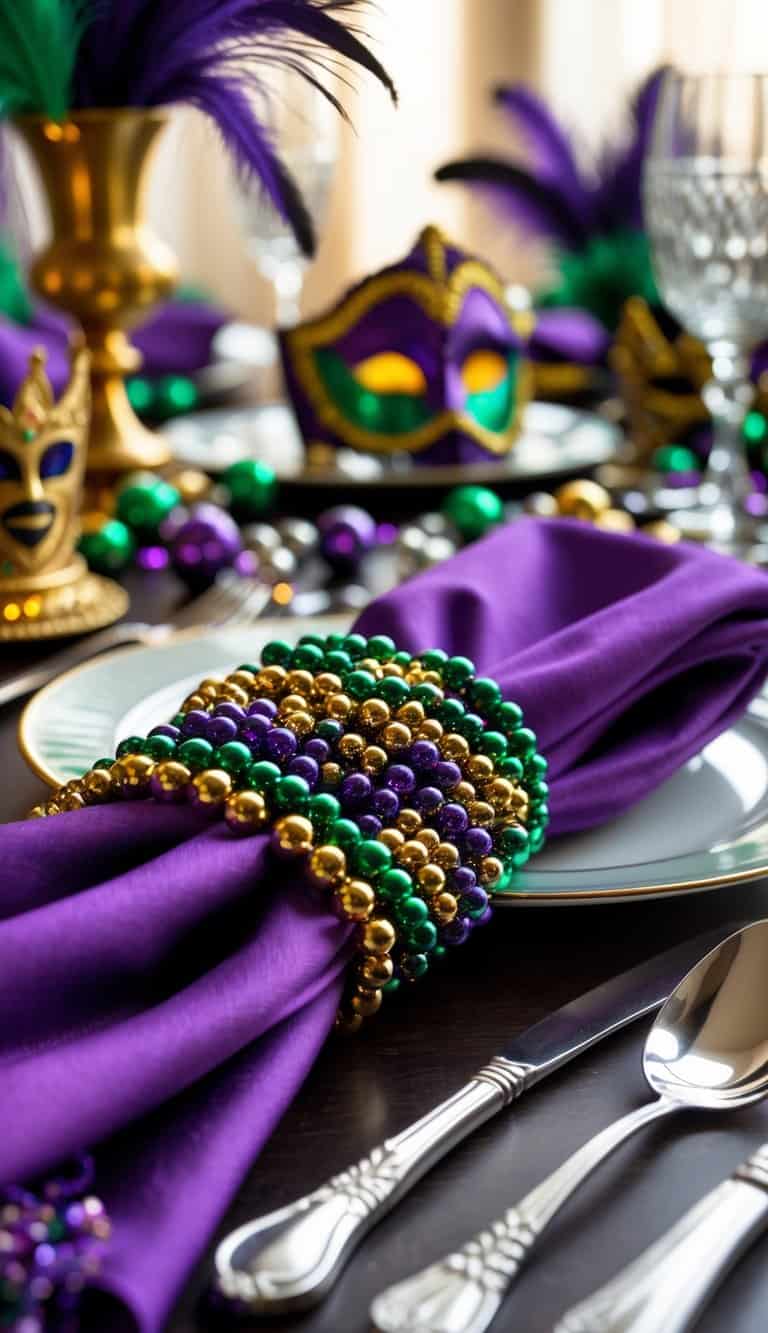 A festive Mardi Gras table setting with colorful beaded napkin ties, masks, feathers, and elegant tableware.