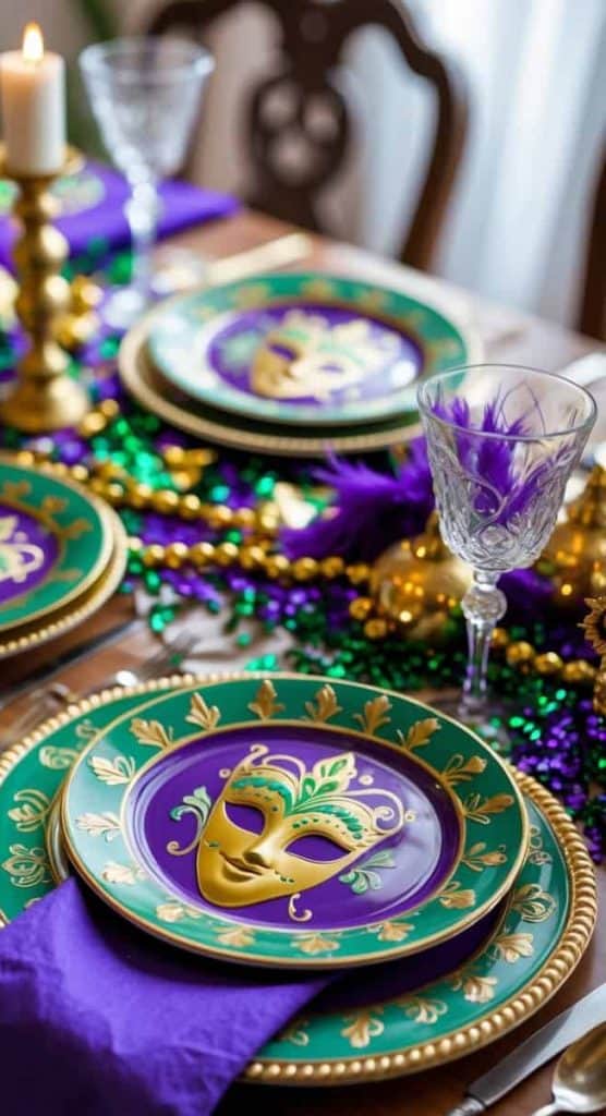 A festive table setting with Mardi Gras-themed plates, gold and green decorations, a lit candle, and purple napkins on a wooden table.
