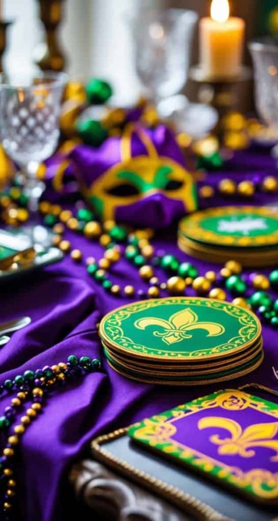 A Mardi Gras-themed table setting with purple cloth, gold and green plates, beaded necklaces, candles, and a decorative mask.