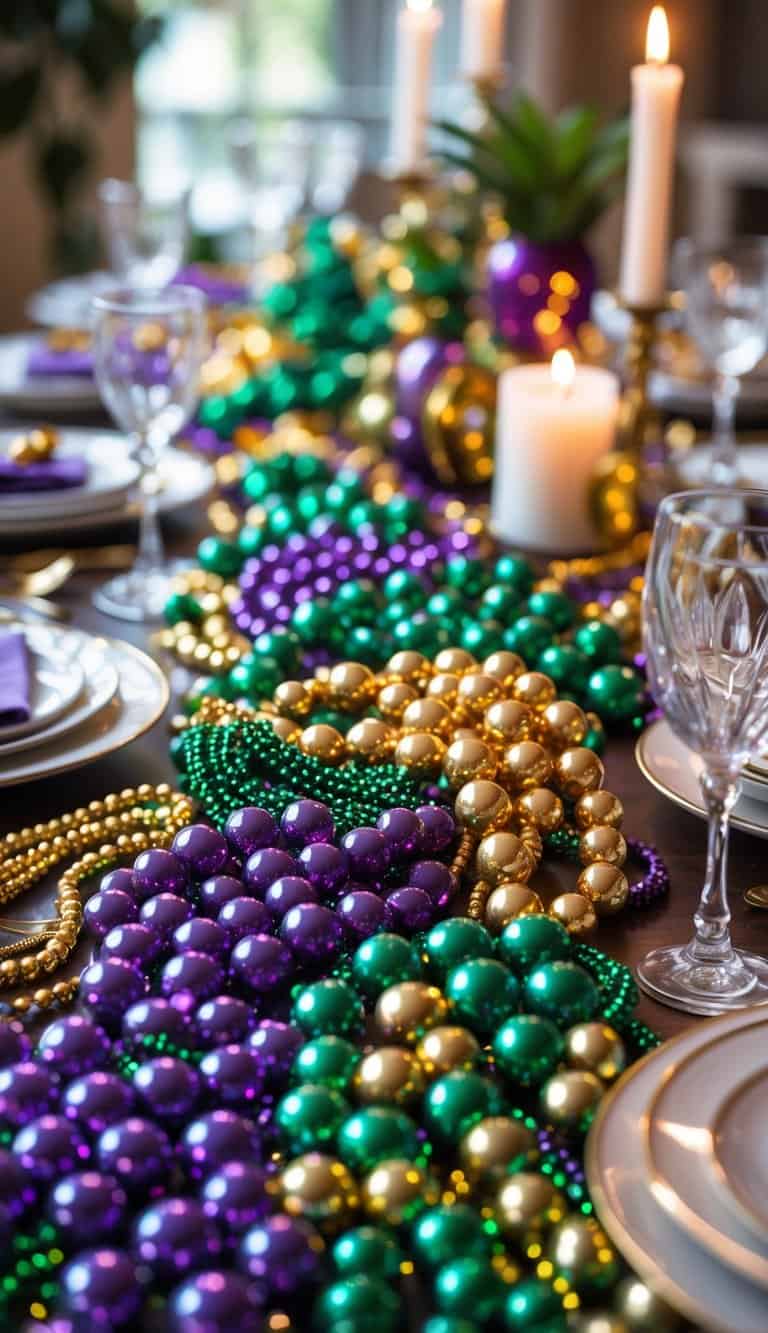 A dining table decorated with colorful bead necklaces and Mardi Gras-themed accents.