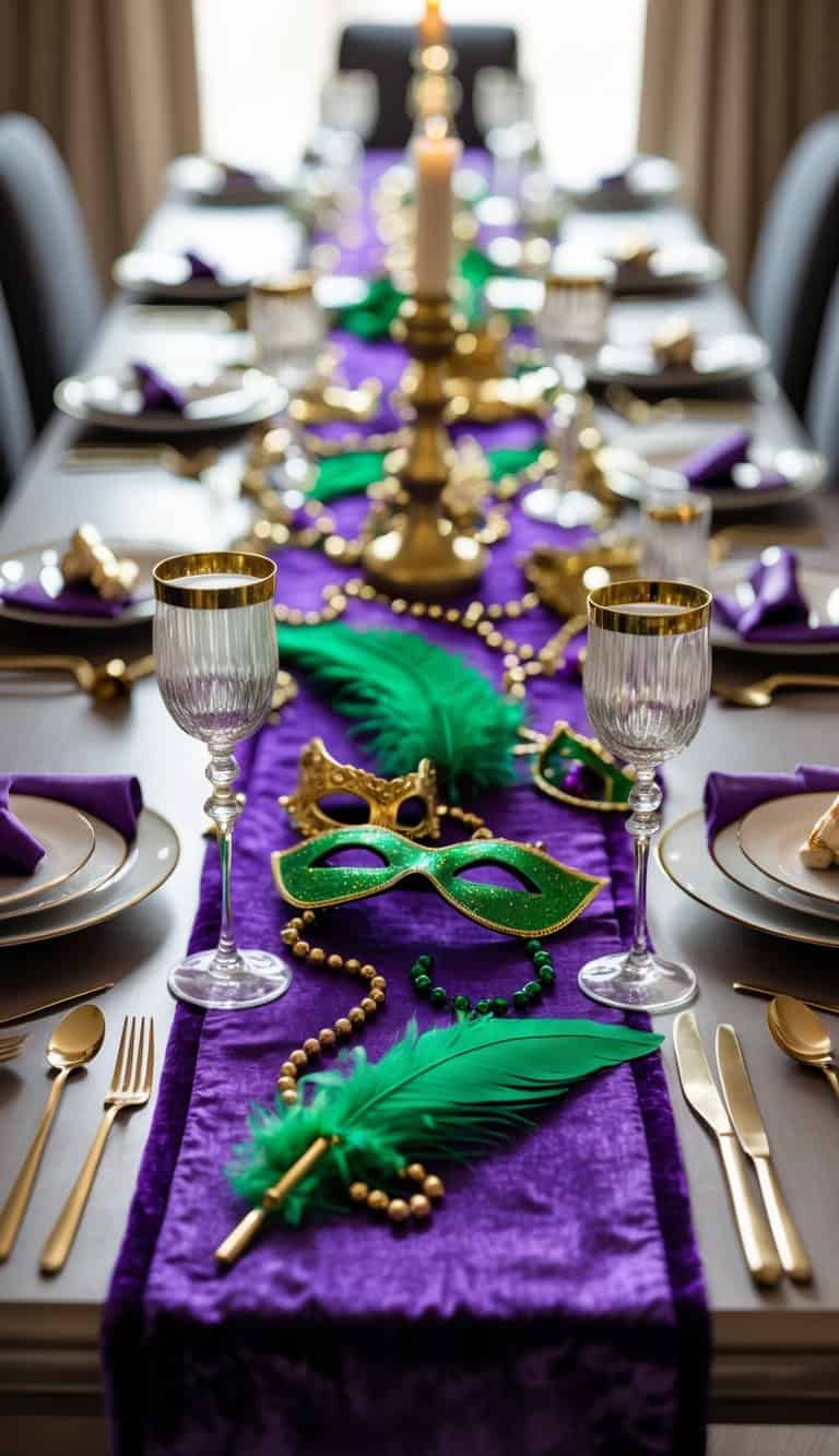 A dining table with a purple velvet runner decorated with Mardi Gras beads, feathers, masks, white plates, gold-rimmed glasses, and silver cutlery.