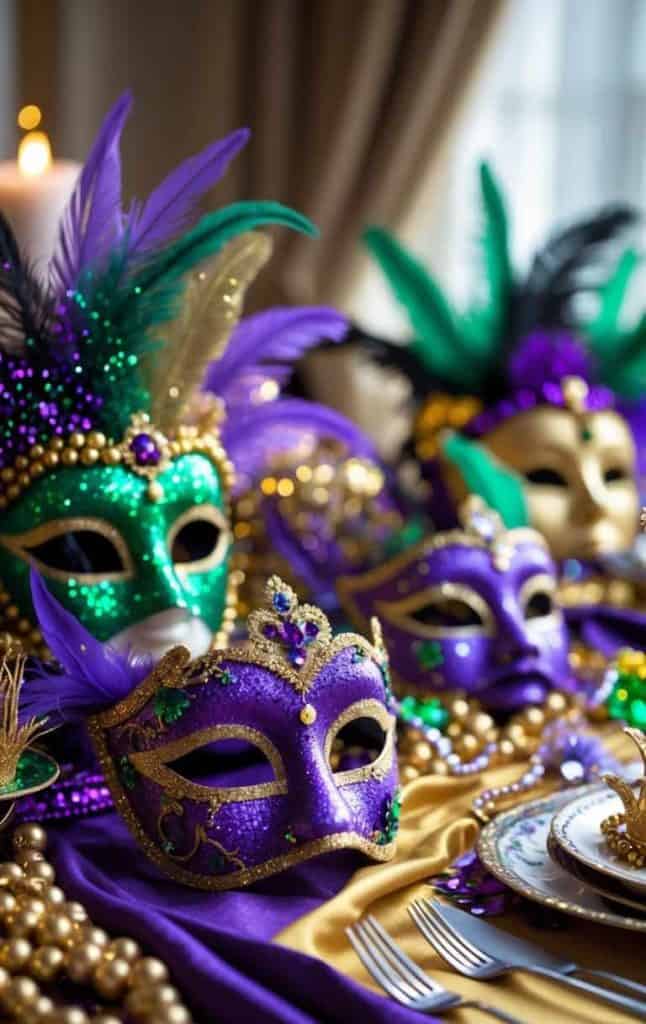 A table decorated with Mardi Gras masks, beads, and gold, green, and purple fabrics, set with plates and silverware, in a festive indoor setting.