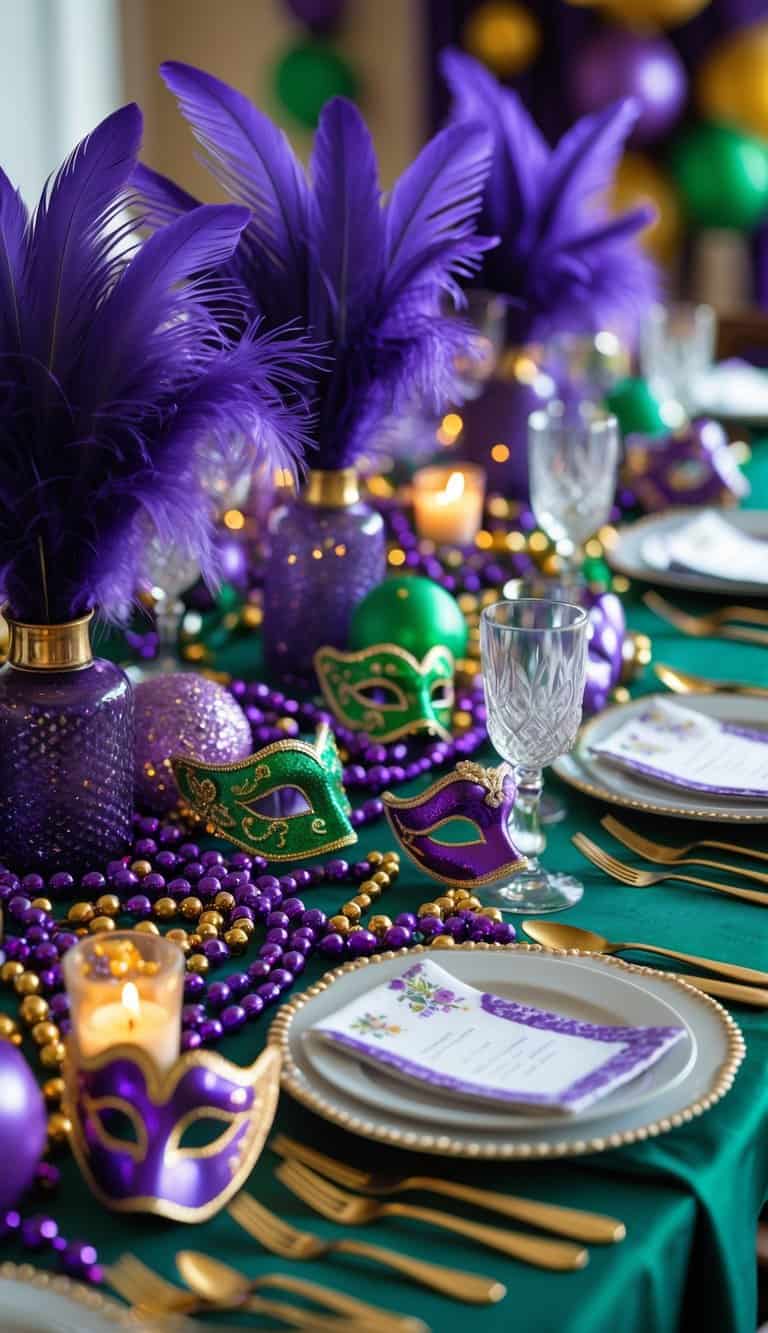 A Mardi Gras table setting with purple feather napkin fans, plates, gold cutlery, colorful beads, masks, and candles arranged on a green tablecloth.