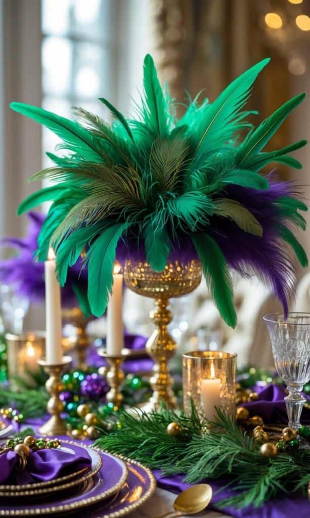 A decorated table features gold and purple plates, green foliage, bead garlands, candles, and a centerpiece with green and purple feathers in a gold vase.