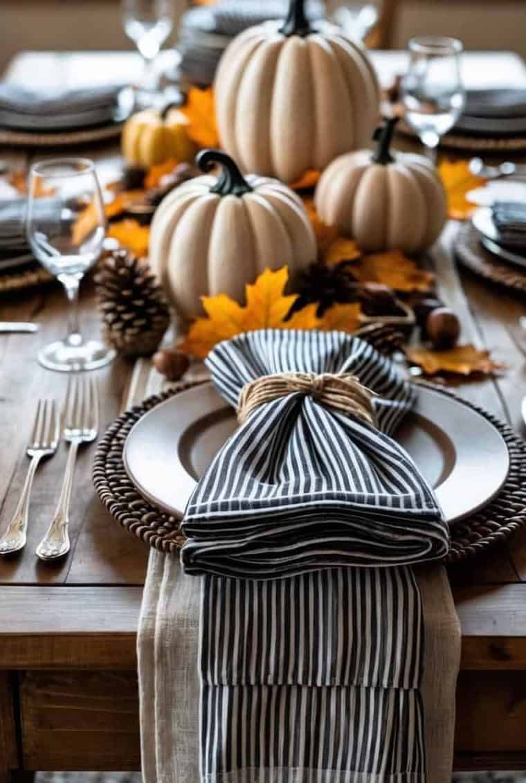 A rustic dining table set for fall with striped napkins, white pumpkins, pine cones, autumn leaves, plates, silverware, and wine glasses.