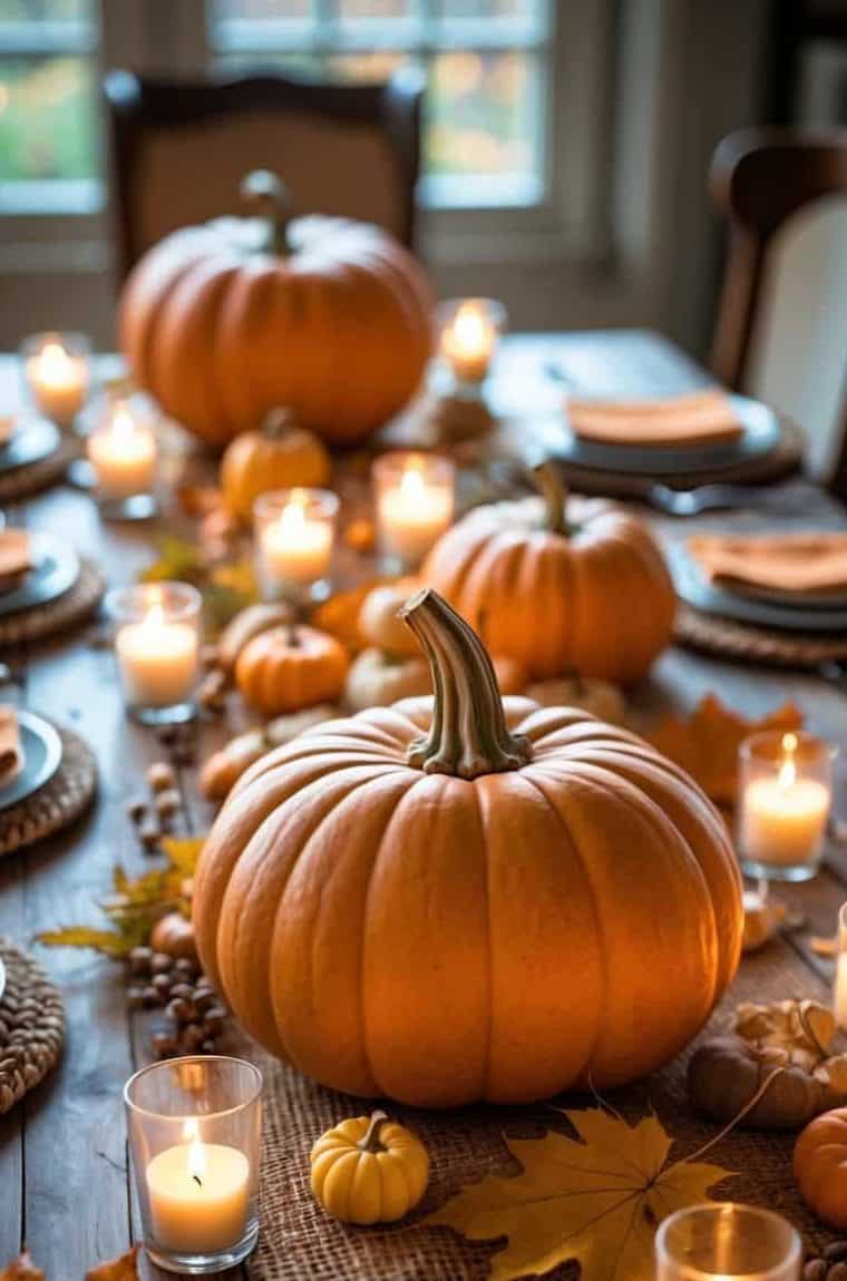 A wooden table decorated with pumpkins, autumn leaves, and lit candles, set for a fall or Thanksgiving gathering.