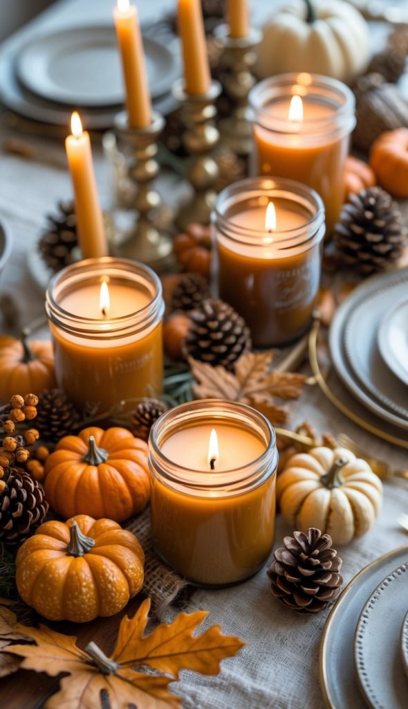 A table decorated with lit candles in jars, small pumpkins, pinecones, and autumn leaves, set for a fall-themed gathering.