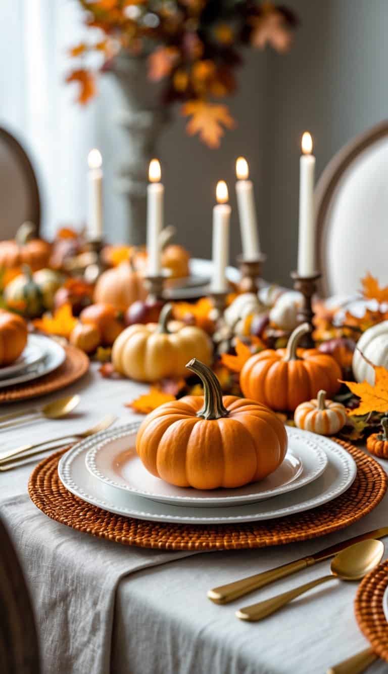 A fall-themed dinner table with pumpkin-shaped chargers under white plates and autumn decorations.