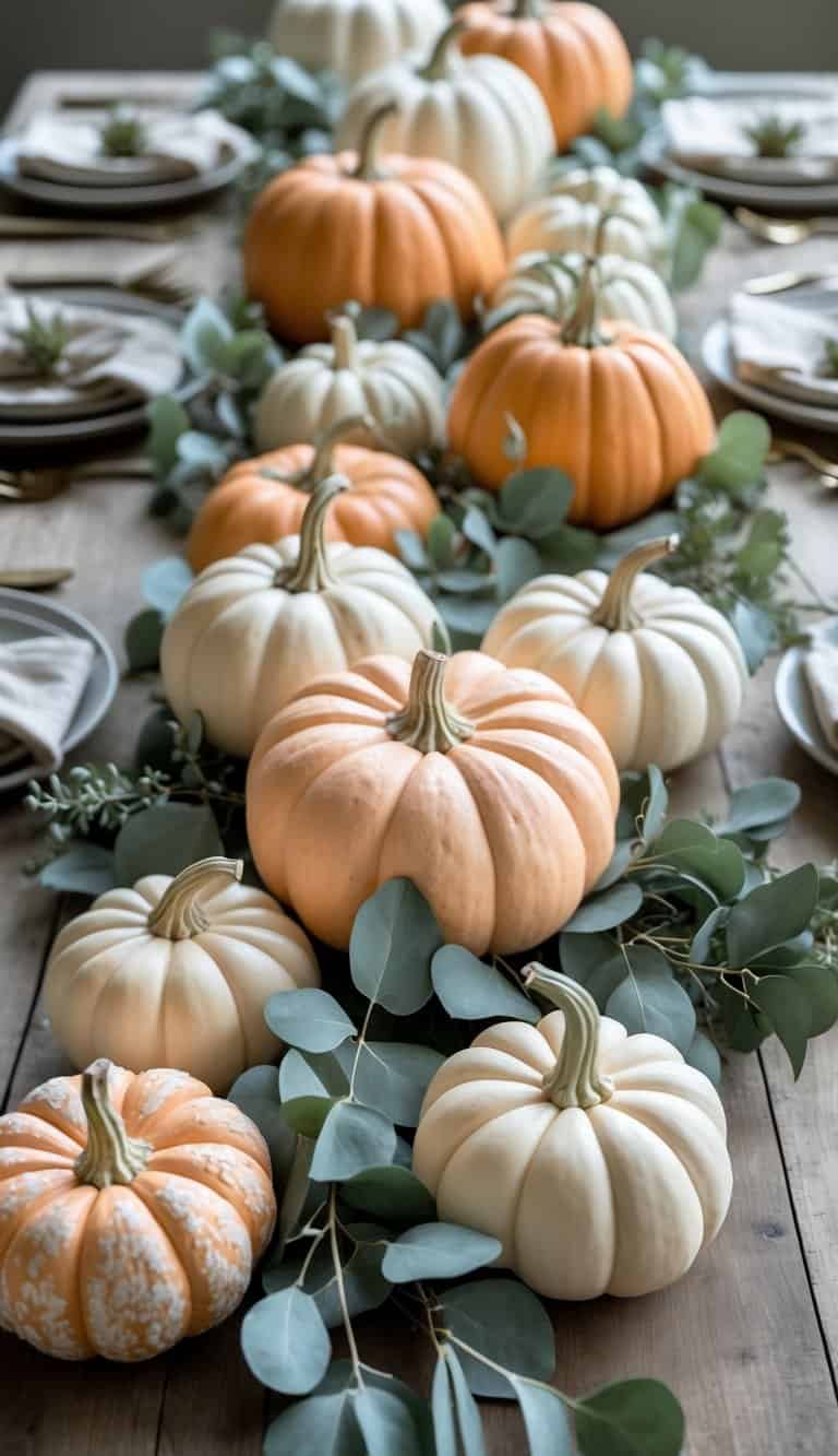 A table decorated with clusters of faux pumpkins and eucalyptus sprigs arranged as an autumn centerpiece.