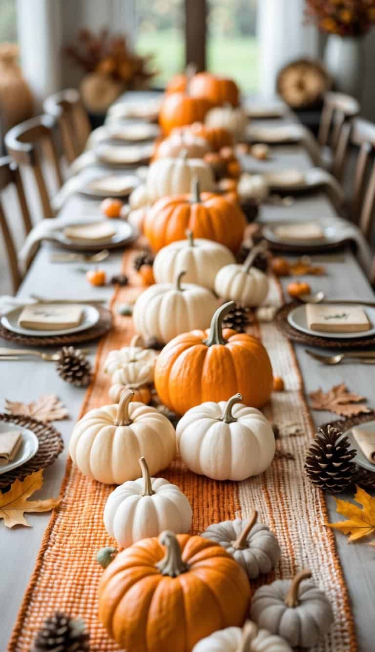 A table decorated with an orange and cream ombre table runner and numerous pumpkins arranged along its center.