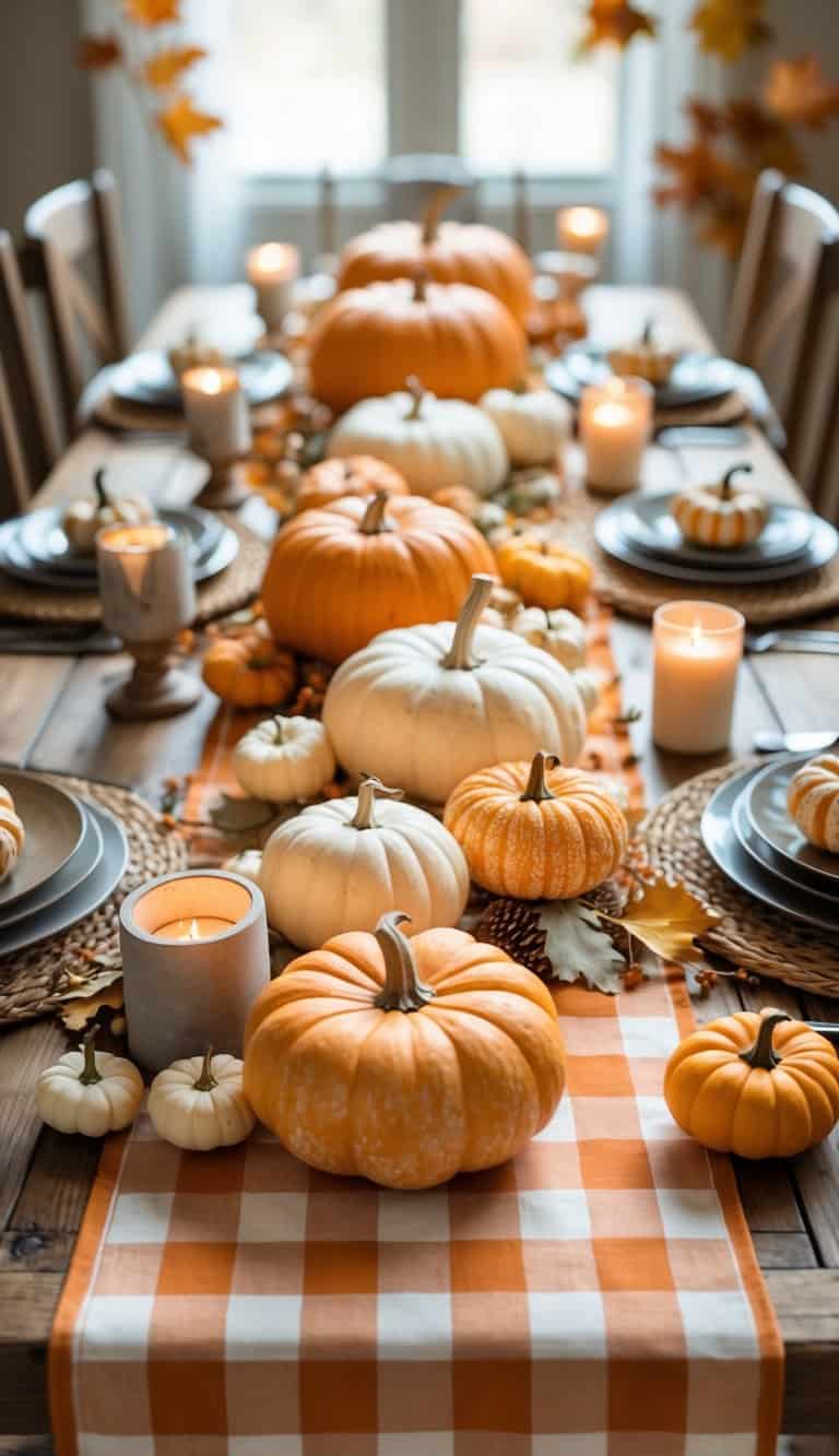 A table decorated with an orange and cream gingham runner and various pumpkins arranged as a fall centerpiece.