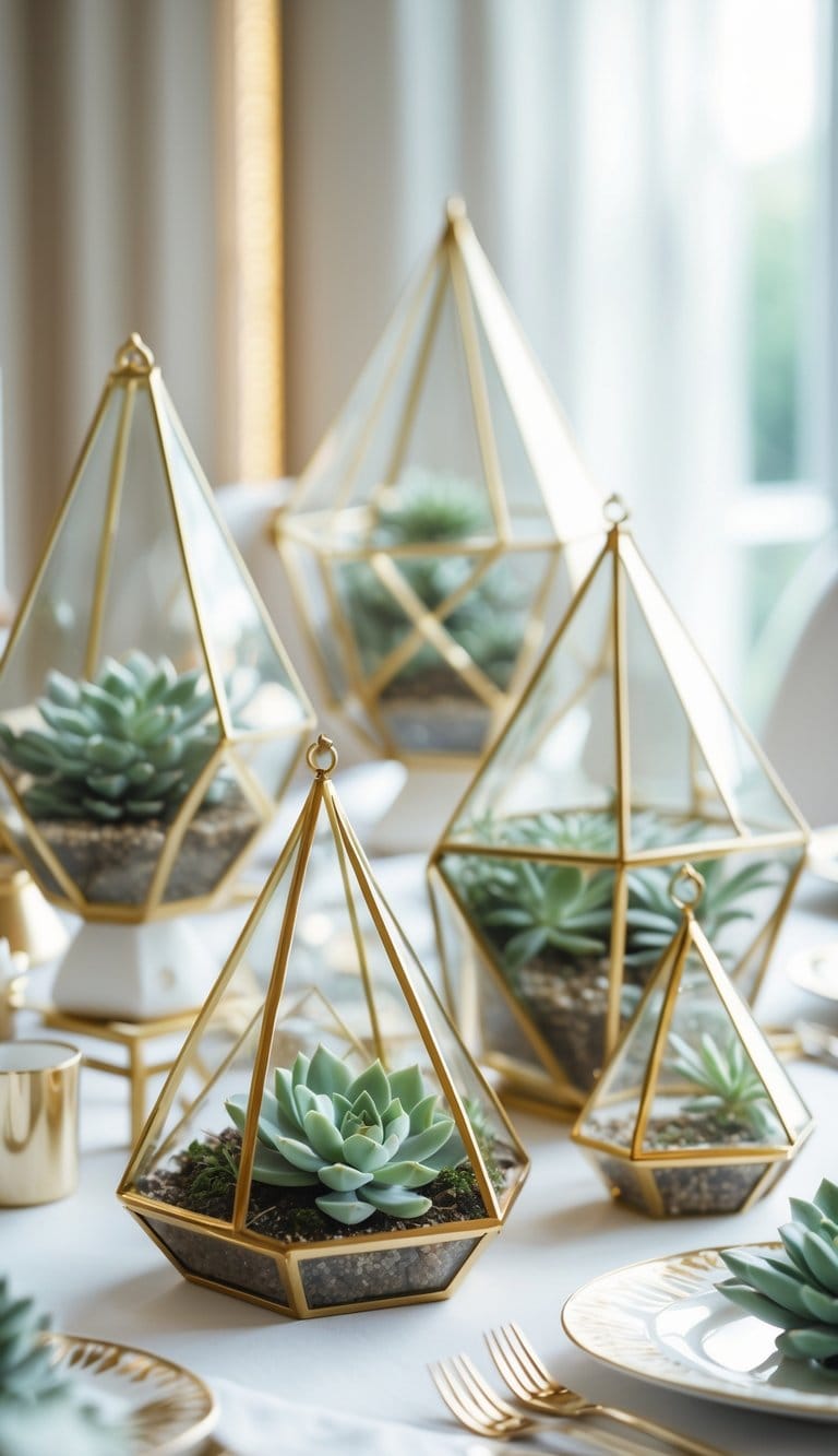 A table decorated with gold geometric terrariums containing white succulents arranged on a white and gold surface.