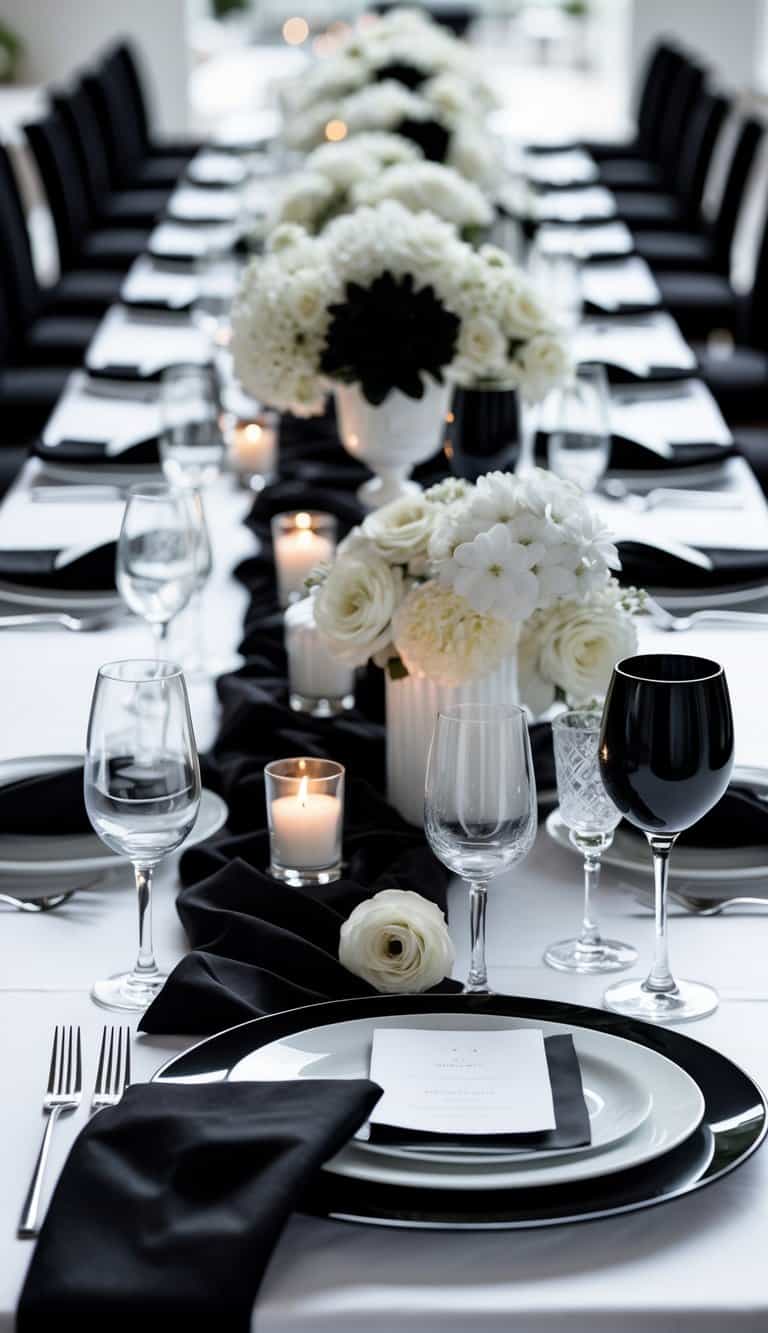 A wedding table set with black and white linens, floral arrangements, candles, and elegant dinnerware.