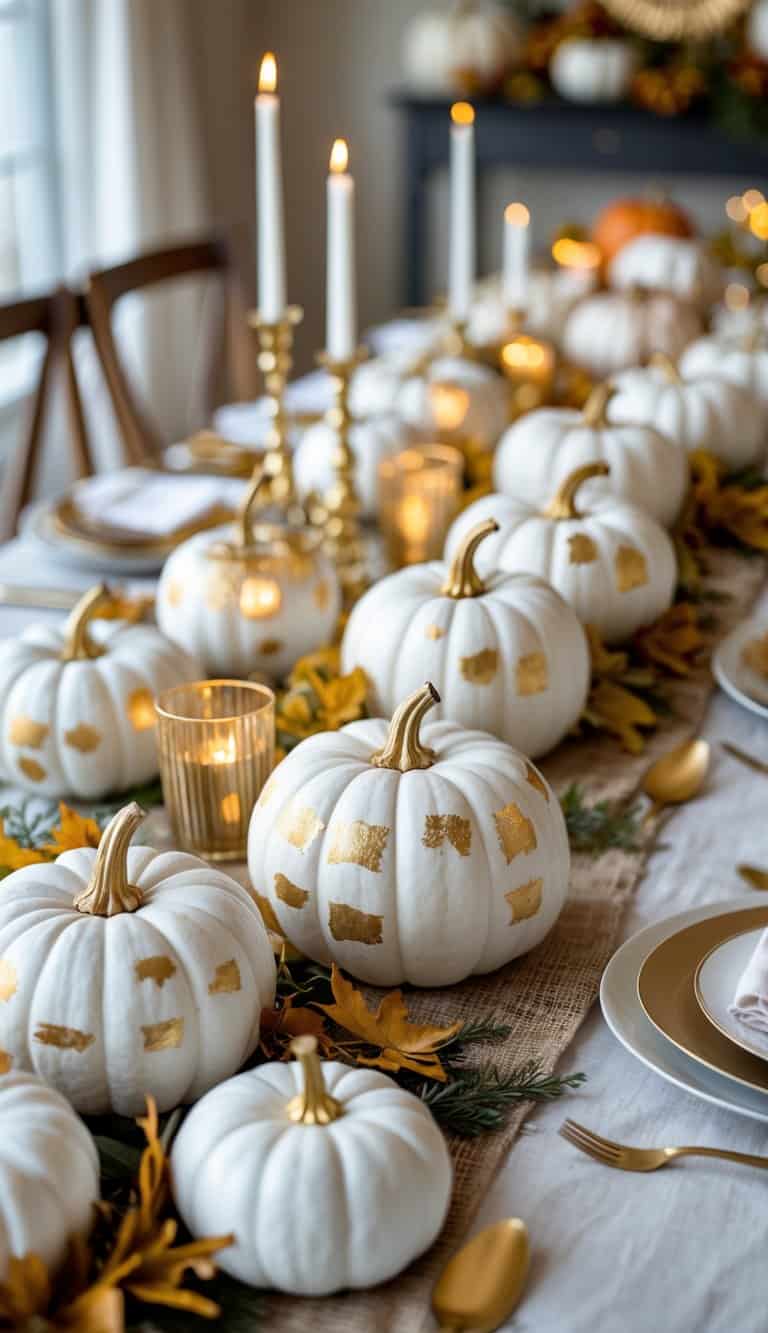 A table decorated with white pumpkins painted with gold designs, surrounded by gold accents and autumn decorations.