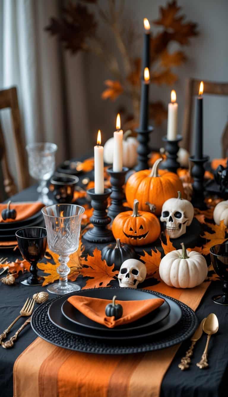 A Halloween table decorated with a black and orange ombre tablecloth, pumpkins, candles, autumn leaves, and festive decorations.