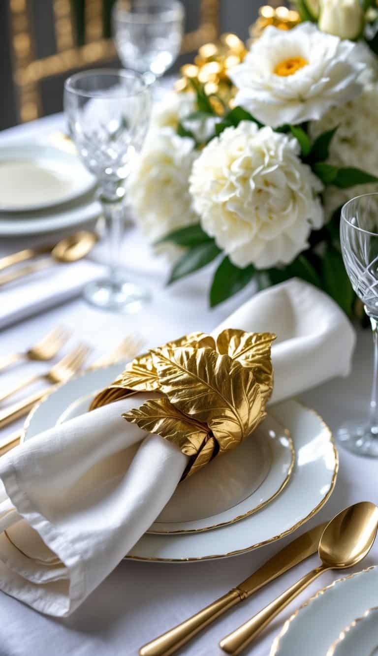 A table setting with gold napkin holders wrapped around white napkins and white flowers on a white tablecloth.