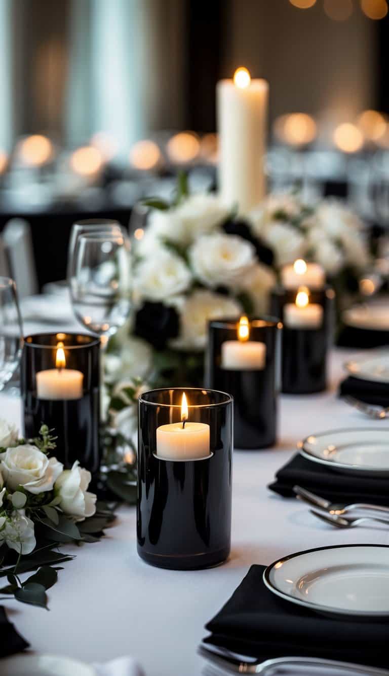 A wedding table set with black glass votive candle holders, white linens, black napkins, and monochrome floral decorations.