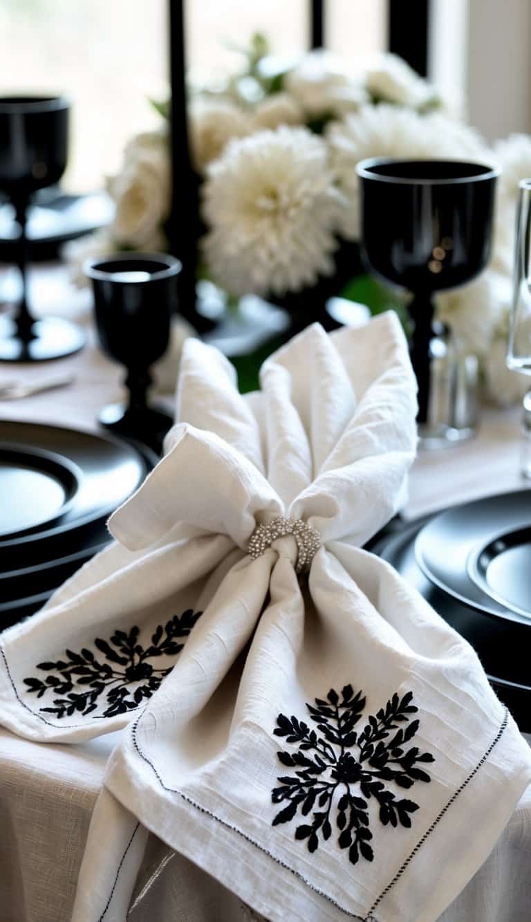 A wedding table set with white linen napkins featuring black embroidery, surrounded by black and white tableware and floral decorations.