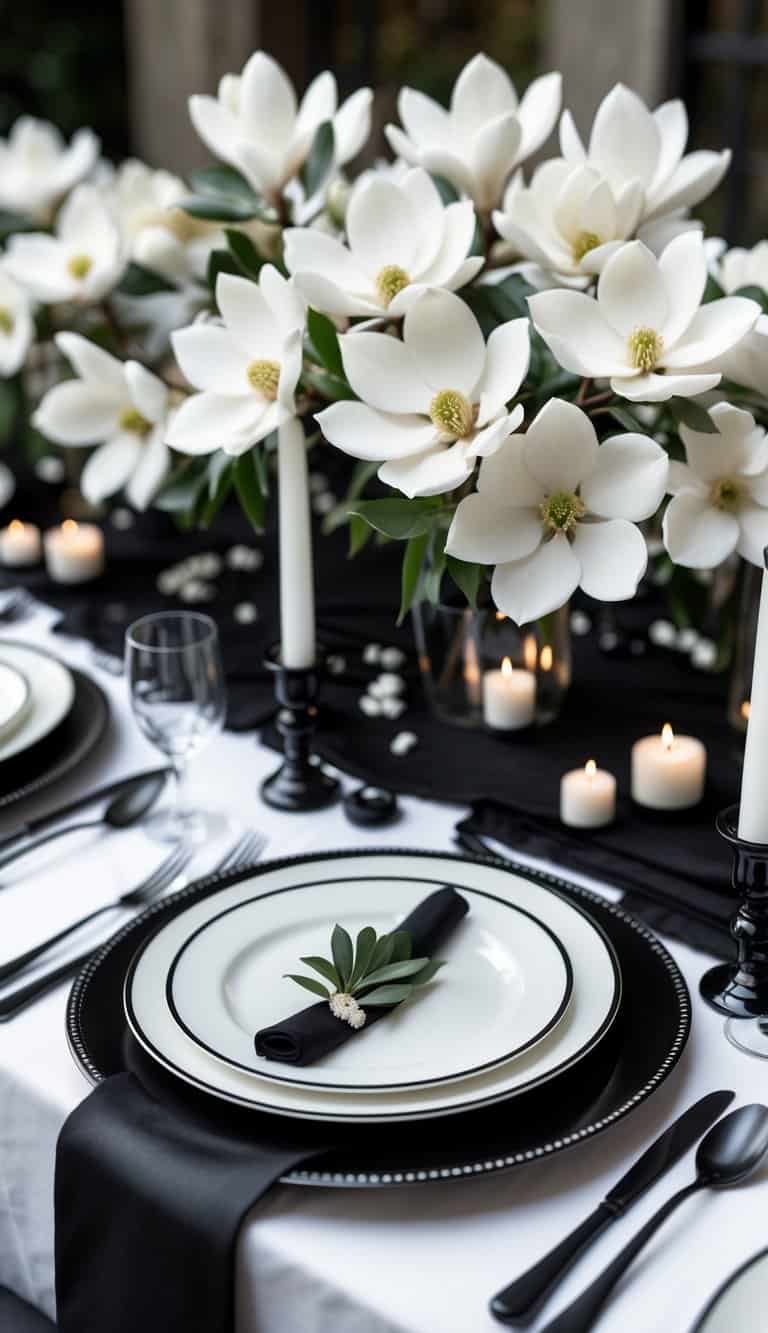 A wedding table decorated with white magnolia flowers and black and white tableware, including plates, napkins, and candles.