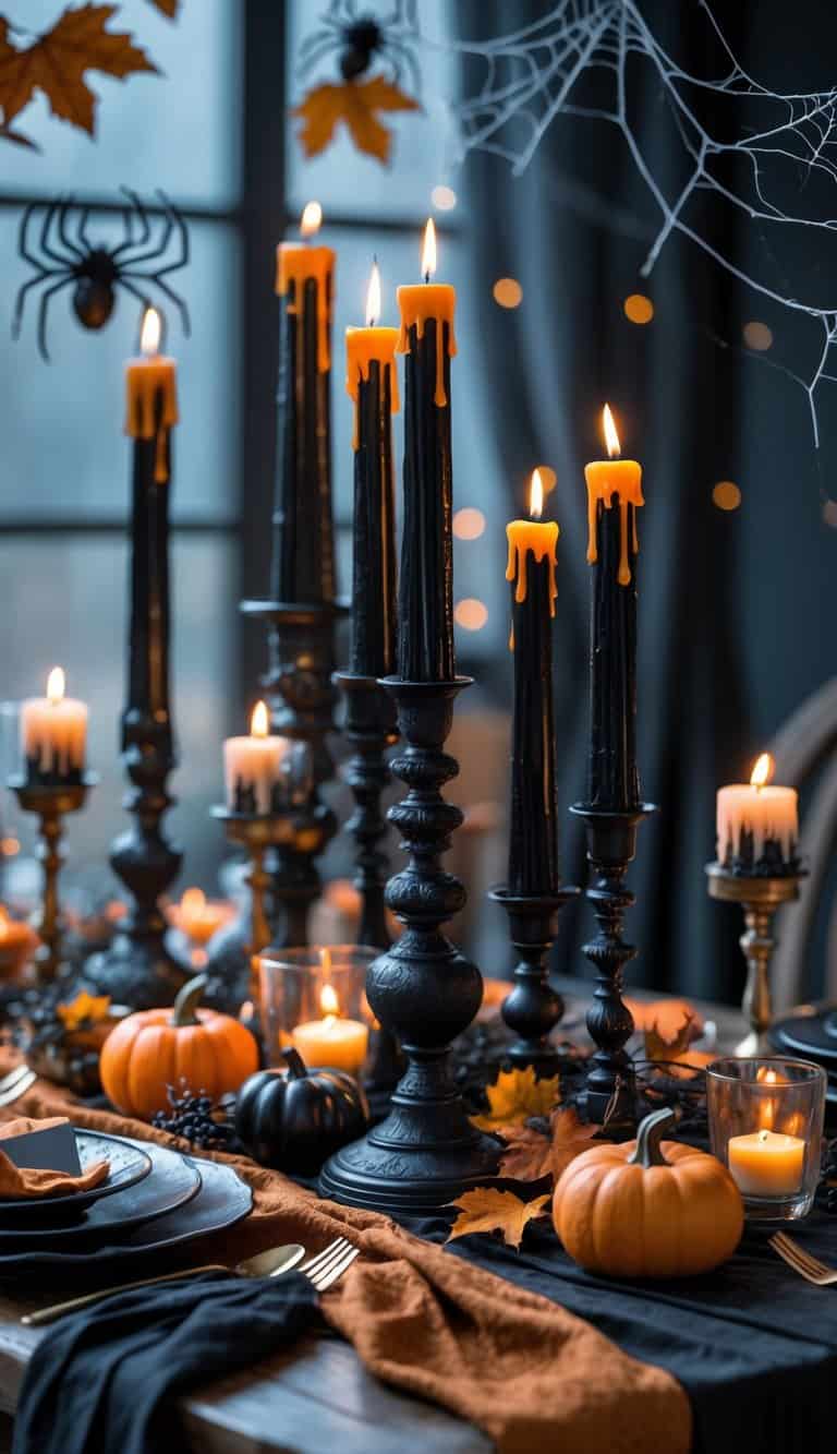 A table set with black candlesticks featuring dripping wax surrounded by autumn decorations including pumpkins and leaves.