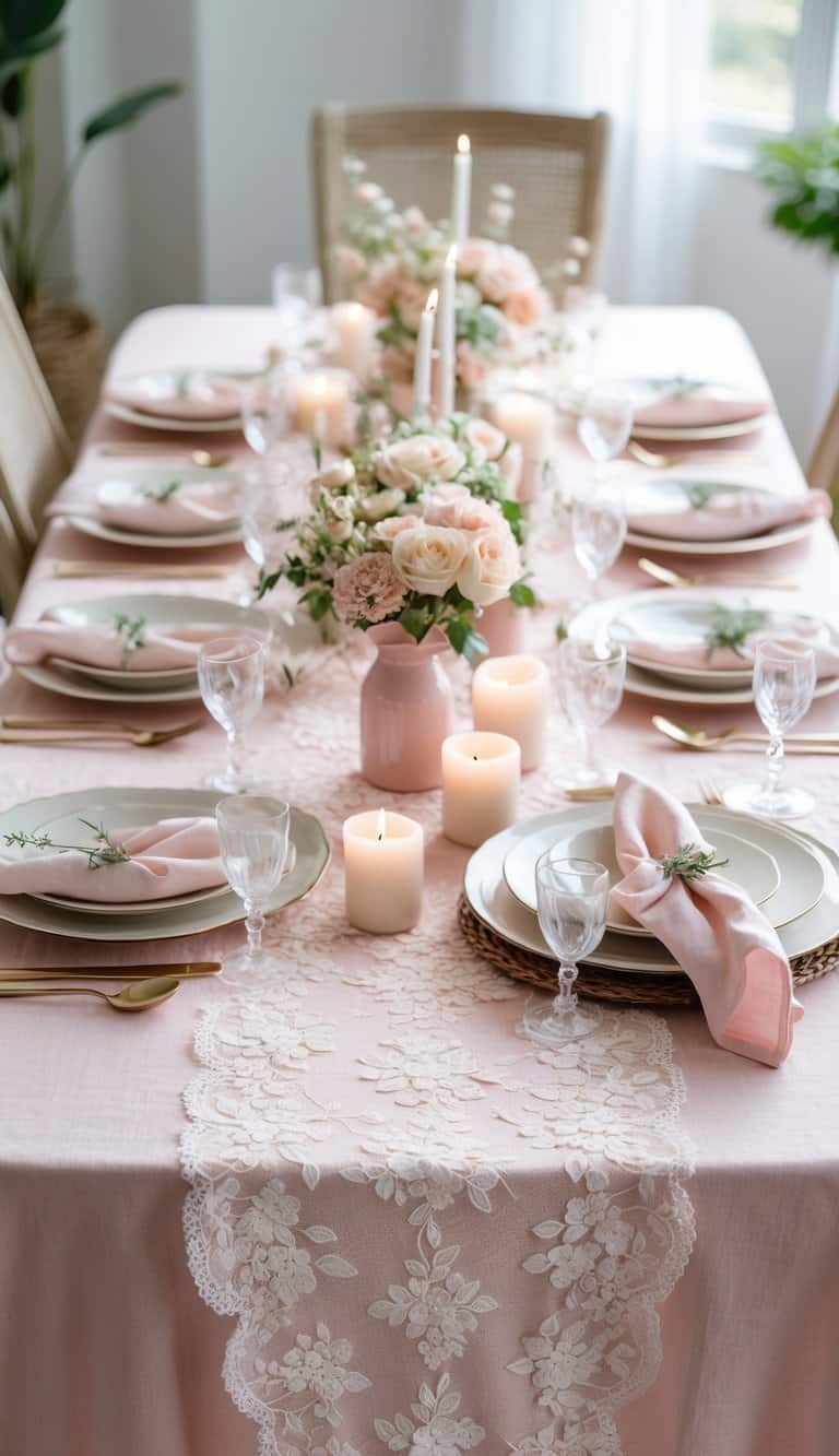 A table set with a blush pink linen tablecloth and white lace overlay, decorated with pastel-colored plates, flowers, and candles.