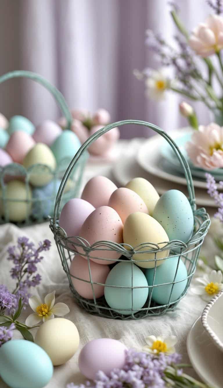 Vintage wire baskets filled with pastel Easter eggs arranged on a pastel-colored table with spring flowers and decorative elements.
