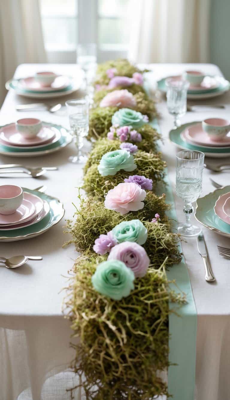 A pastel-colored table setting with a table runner decorated with scattered reindeer moss and small floral arrangements.