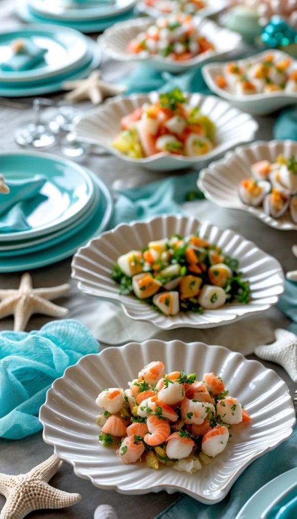 A table set with blue plates and shell-shaped dishes holding various seafood salads, decorated with starfish and turquoise napkins.